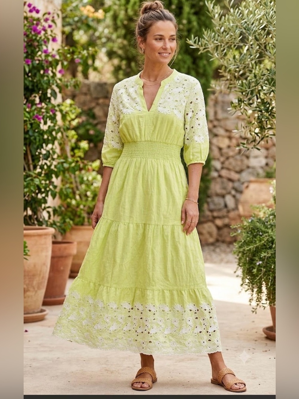 NAOO Lime Green Eyelet Tiered Maxi Dress with Smocked Waist SIZE L